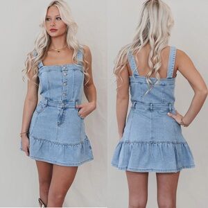 Medium Wash Denim Squareneck Button Up Ruffle Hem Mini Dress w/ Pockets.